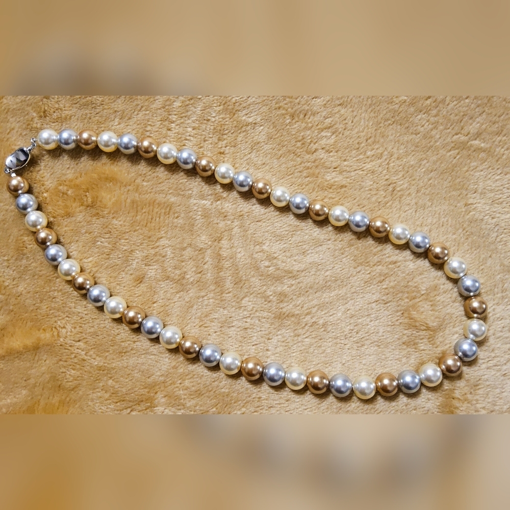 Classic Tri-Tone Simulated Pearl Necklace - Gold, Silver, and Cream